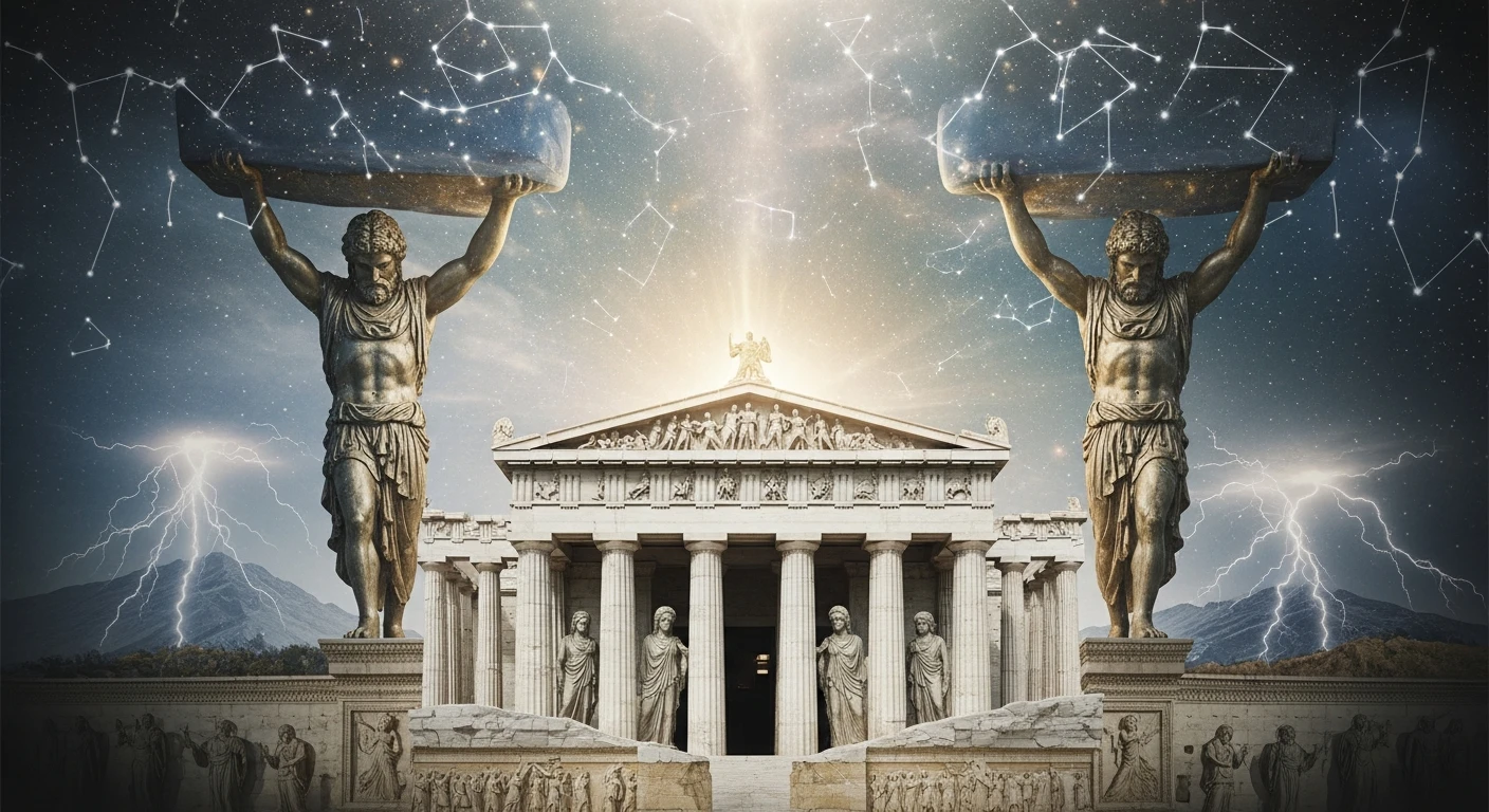Ancient Greek temple with large Atlas statues holding celestial spheres under a starry sky with lightning.