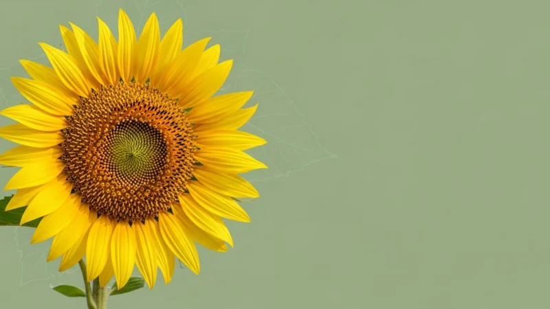Close-up of a vibrant yellow sunflower with green leaves against a muted green background.