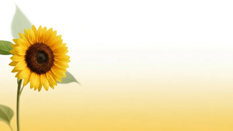 Bright yellow sunflower with green leaves on a white to yellow gradient background.