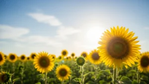 Field of vibrant yellow sunflowers under a clear blue sky with sunlight.