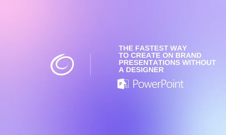 Gradient purple and pink background with white swirl logo and text about creating on-brand presentations in PowerPoint.