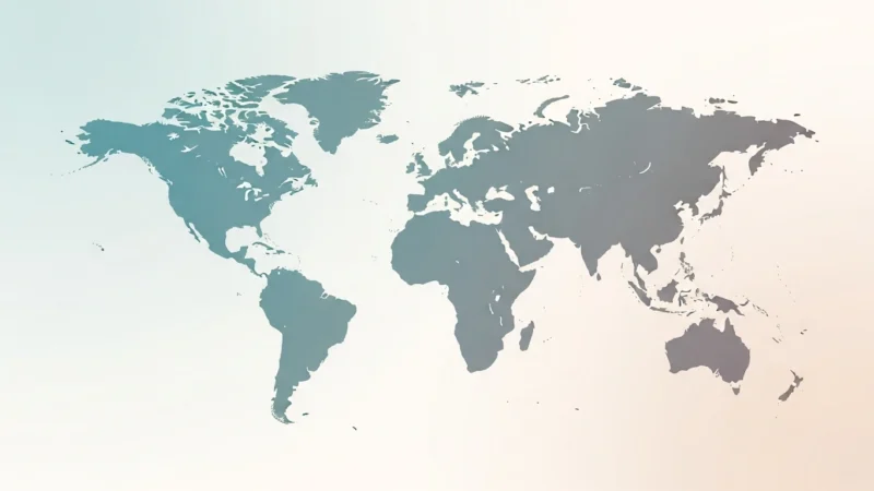 World map illustration with continents in gradient shades of blue and gray on a light background.