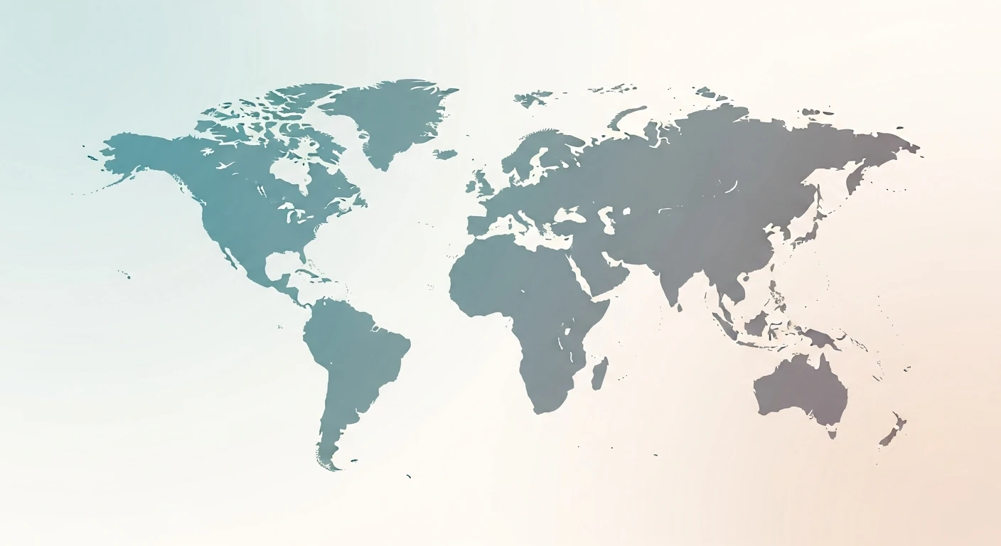 World map illustration with continents in gradient shades of blue and gray on a light background.
