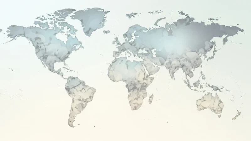 Stylized world map with continents in muted gray and beige shades on a light background.