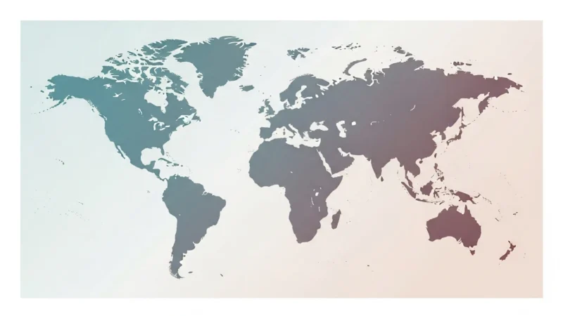 World map illustration with continents in gradient shades of blue and purple on a light background.