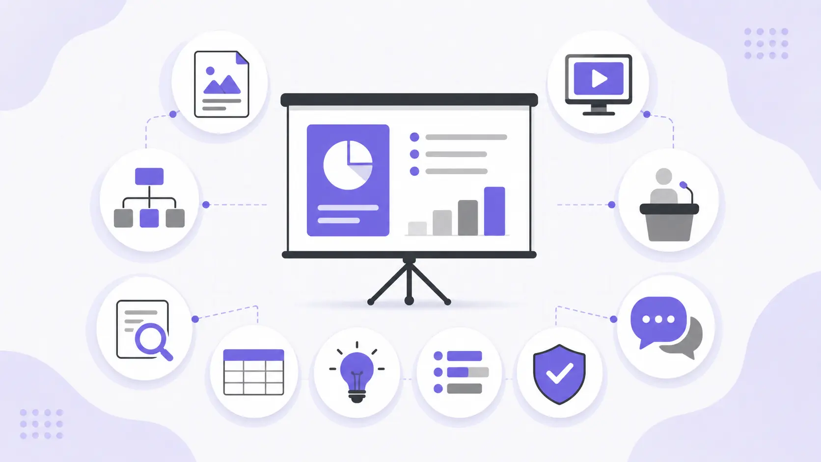Diagram of a presentation screen with charts connected to various business and communication icons in purple and gray.