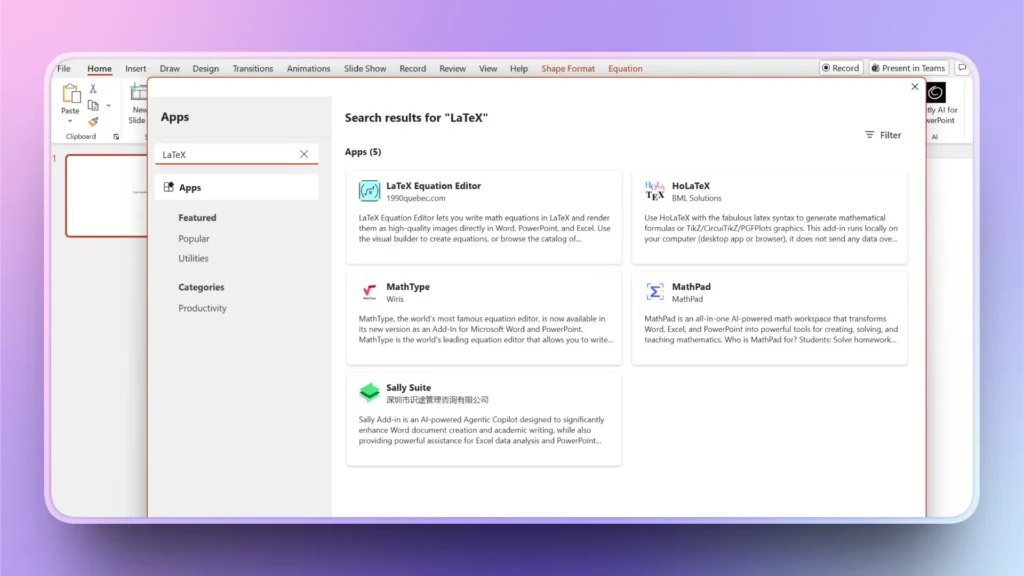 Screenshot of a software window displaying search results for LaTeX apps including LaTeX Equation Editor and MathType.