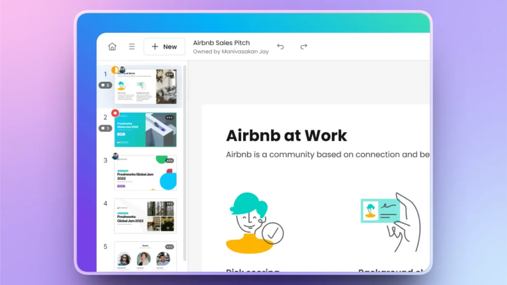 Screenshot of a digital presentation titled "Airbnb at Work" with slide thumbnails on the left.