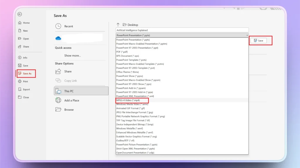 Save As dialog box in PowerPoint with file type options, highlighting MPEG-4 Video format.