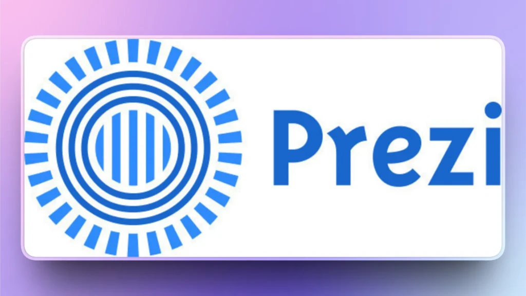 Blue Prezi logo with concentric circles and vertical lines on white background.