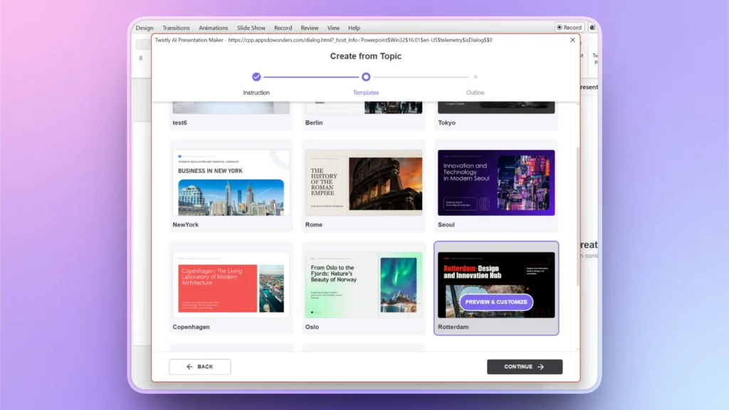Screenshot of AI presentation maker interface showing various city-themed presentation templates.