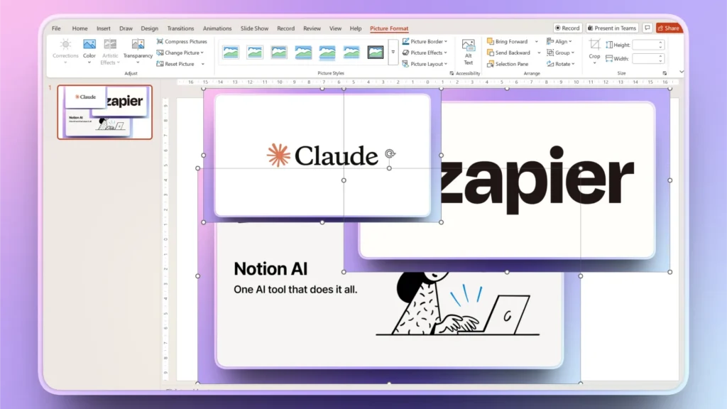 Screenshot of a presentation slide editing interface showing logos and text for Claude, Zapier, and Notion AI.