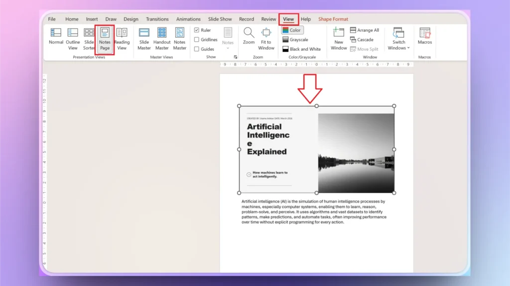 Screenshot of a presentation editing software showing the View tab with Notes Page and Color options highlighted.