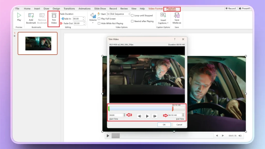 Screenshot of video trimming interface in a presentation software's Playback tab, showing a man in a car.