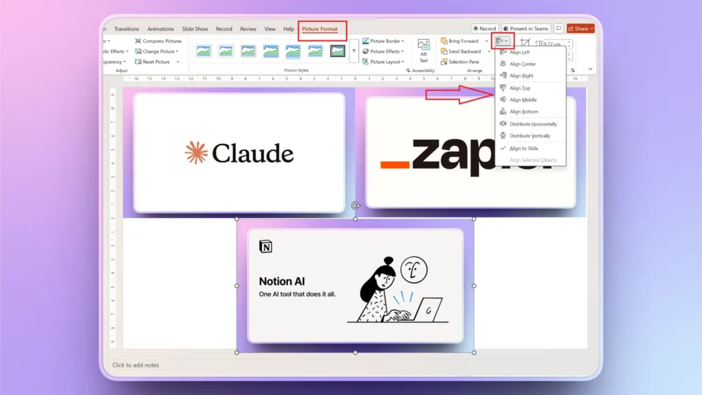 Screenshot of a presentation slide in Picture Format tab showing AI tool logos Claude, Zapier, and Notion AI with alignment options menu open.
