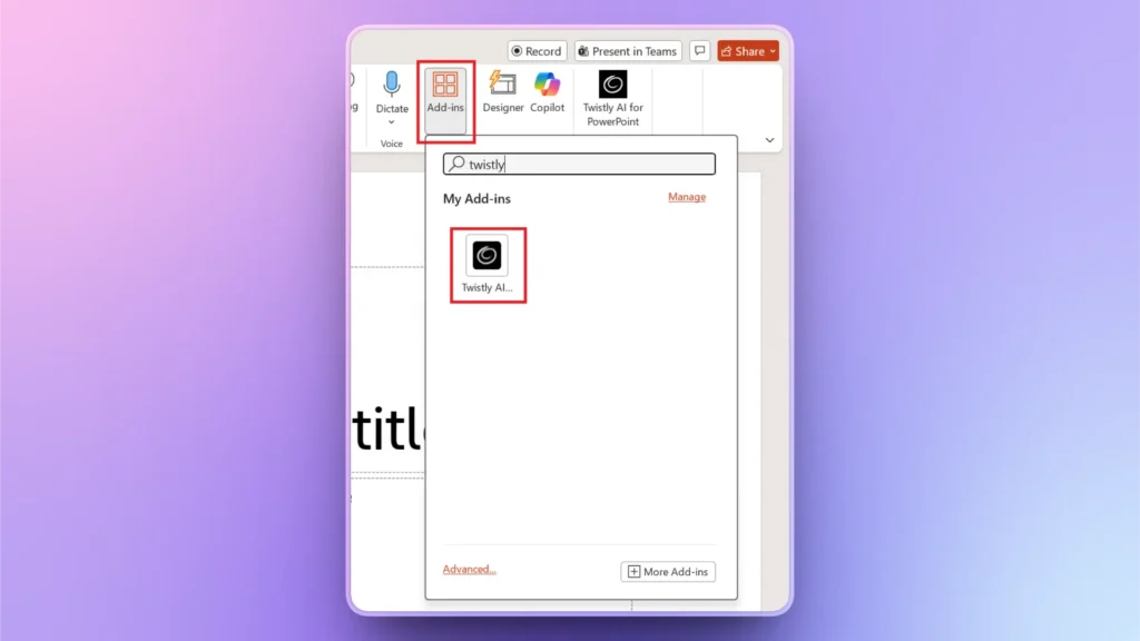 Screenshot of a PowerPoint window showing the Add-ins menu with "Twistly AI" add-in highlighted.