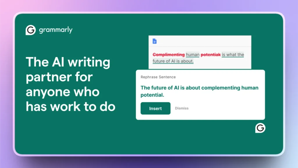 Green Grammarly promotional graphic with text correction and rephrasing example on AI and human potential.