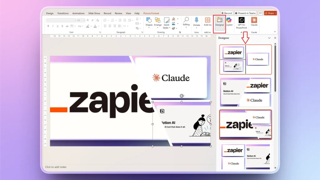 Screenshot of a PowerPoint slide editor featuring logos and AI tool names Zapier, Claude, and Notion AI.