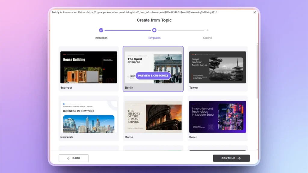 Screenshot of presentation template selection screen featuring topics on Berlin, Tokyo, New York, Rome, and Seoul.