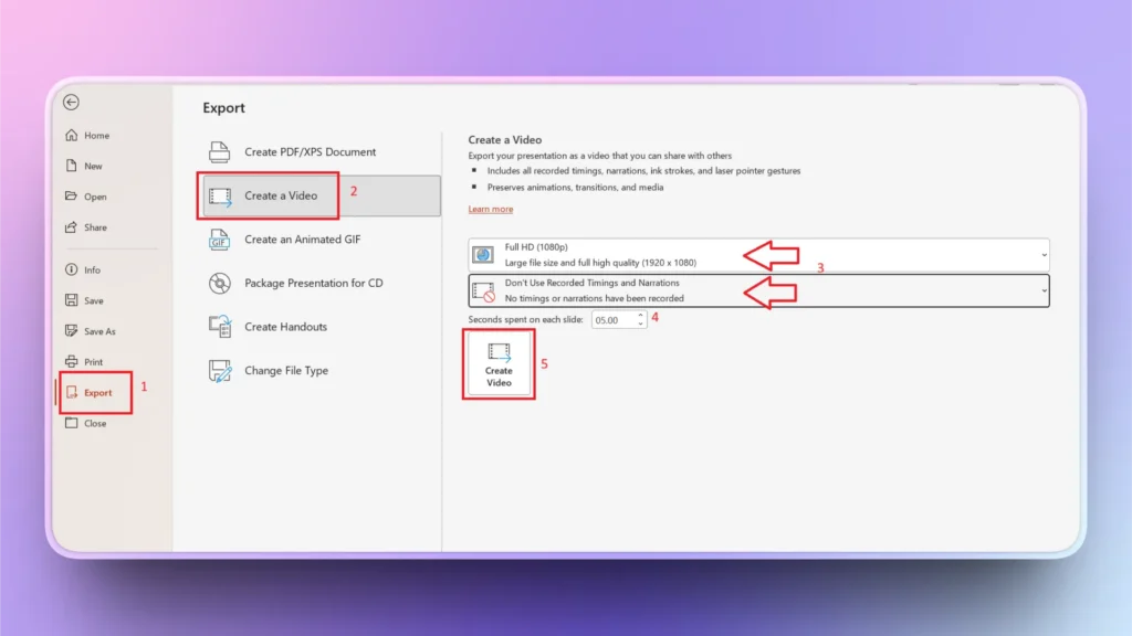 Screenshot of a software export menu with video creation options and highlighted selections.