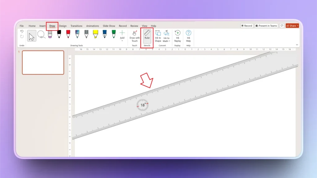 Screenshot of a presentation software displaying the Draw tab with the Ruler tool set at 18 degrees.