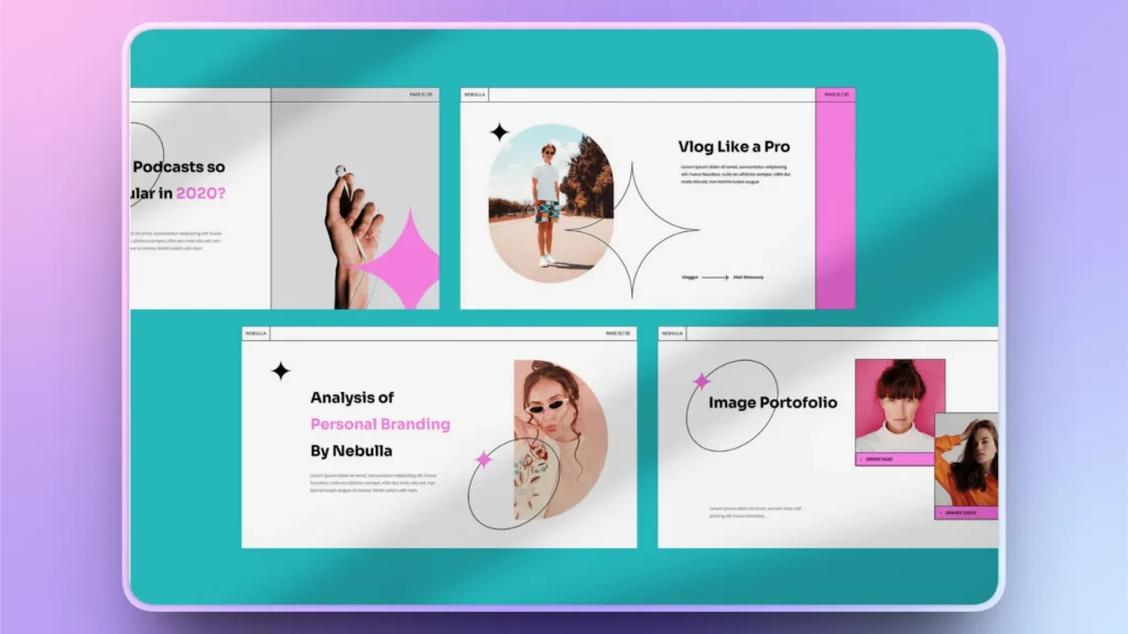 Digital presentation slides with teal, pink, and white color scheme featuring personal branding and vlogging topics.