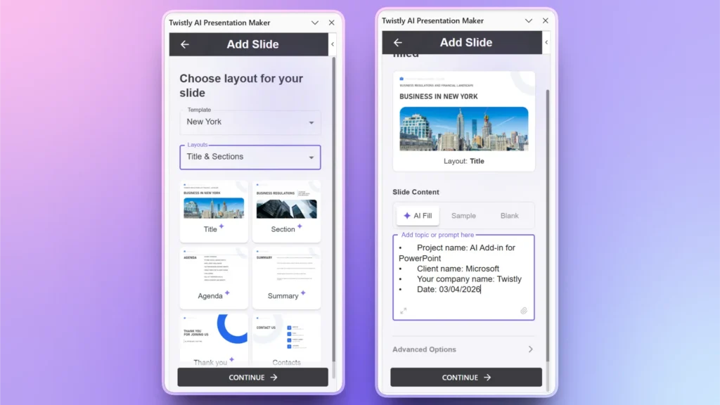 Two smartphone screens displaying the Twistly AI Presentation Maker app with slide layout options and AI-generated content input.