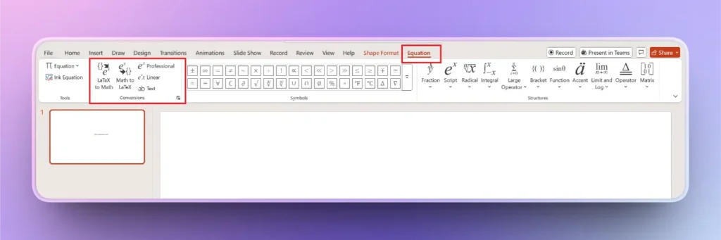 Screenshot of a software interface showing the Equation tab with LaTeX conversion and mathematical symbols.