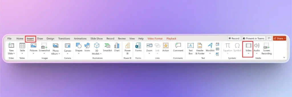 Screenshot of Microsoft PowerPoint ribbon with Insert tab and Video option highlighted.