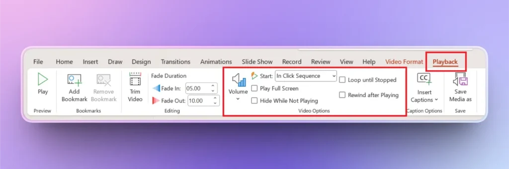 Screenshot of video playback options in a presentation software toolbar with fade duration and volume controls.