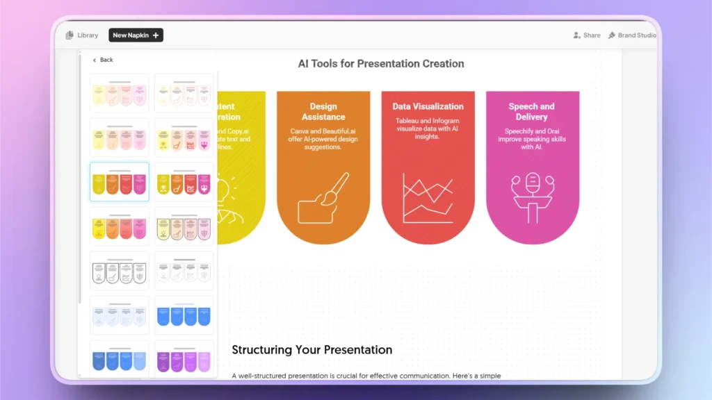 Tablet screen displaying an AI presentation tool with colorful infographic templates.