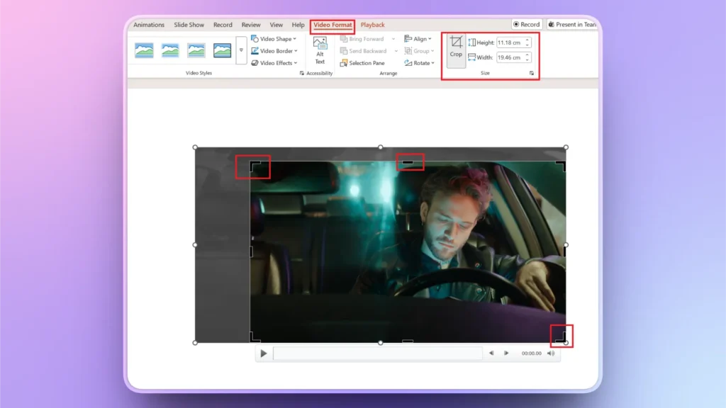 Screenshot of video editing interface showing a man in a car, with crop and size options.