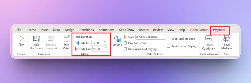 Screenshot of video playback toolbar in presentation software showing fade duration settings and playback options.