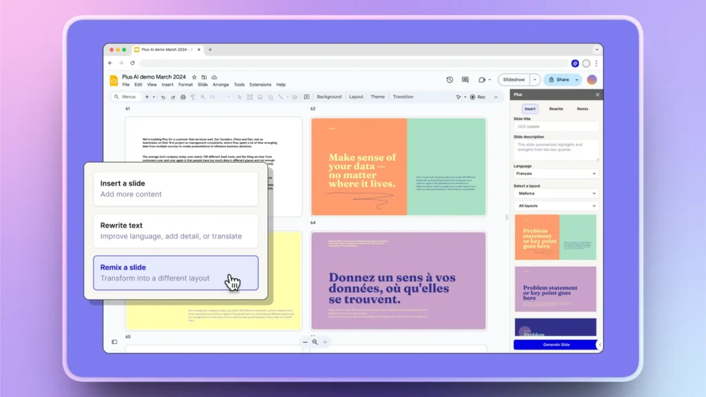 Screenshot of a presentation editing software with pastel-colored slide templates and text options.