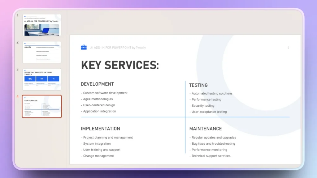 PowerPoint slide titled "Key Services" listing development, testing, implementation, and maintenance services.