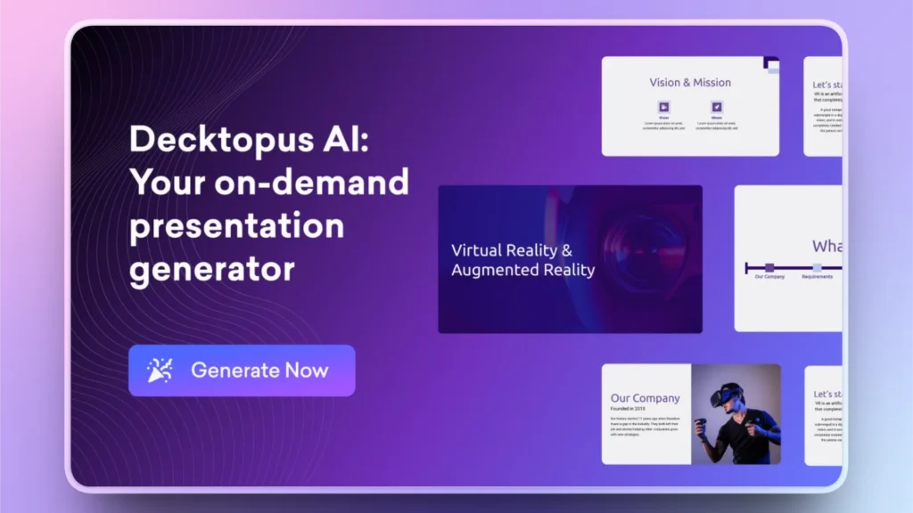 Promotional slide for Decktopus AI presentation generator with purple gradient background.