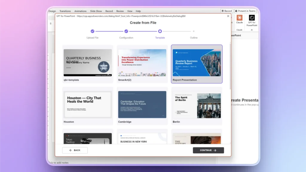 PowerPoint interface displaying various presentation templates including business and city themes.