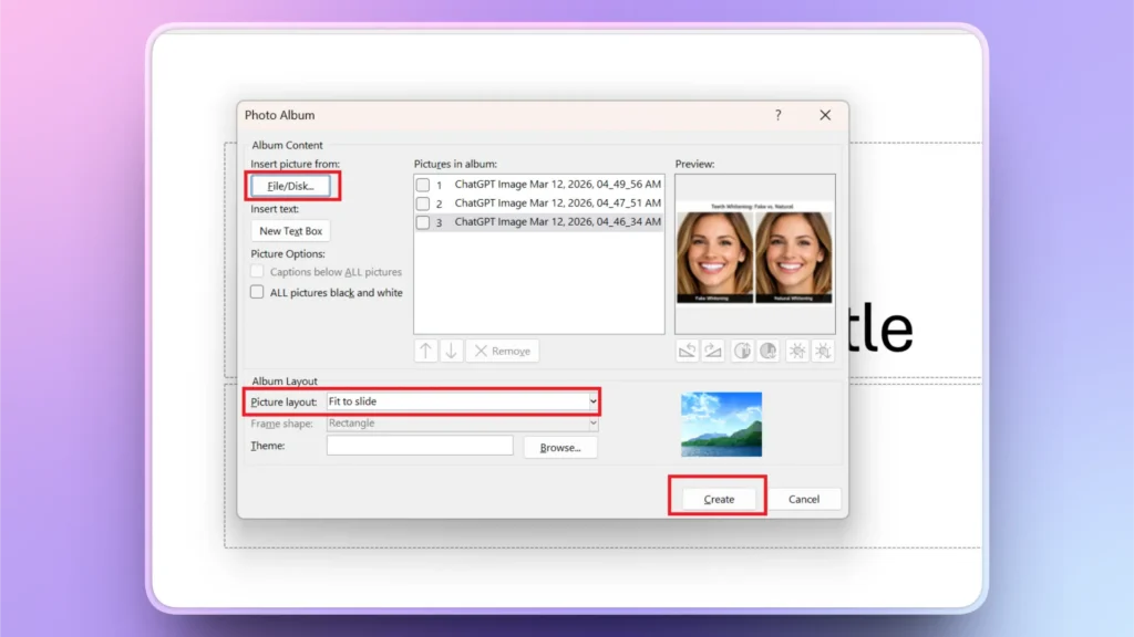 Dialog box titled "Photo Album" with options to insert pictures, picture layout set to "Fit to slide," and a "Create" button highlighted.