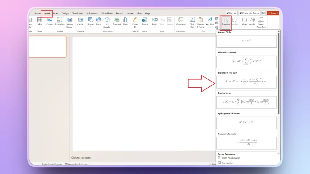 Screenshot of a presentation software Insert tab with Equation menu open showing mathematical formulas.