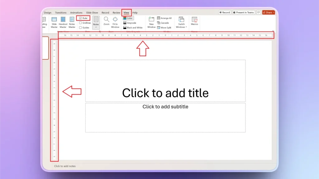 Screenshot of a PowerPoint slide with rulers enabled, showing title and subtitle placeholders.