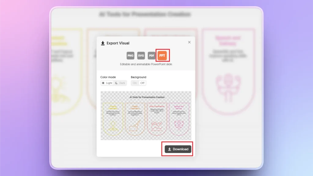 Screenshot of an export dialog box with options for PNG, SVG, PDF, and PPT file formats.