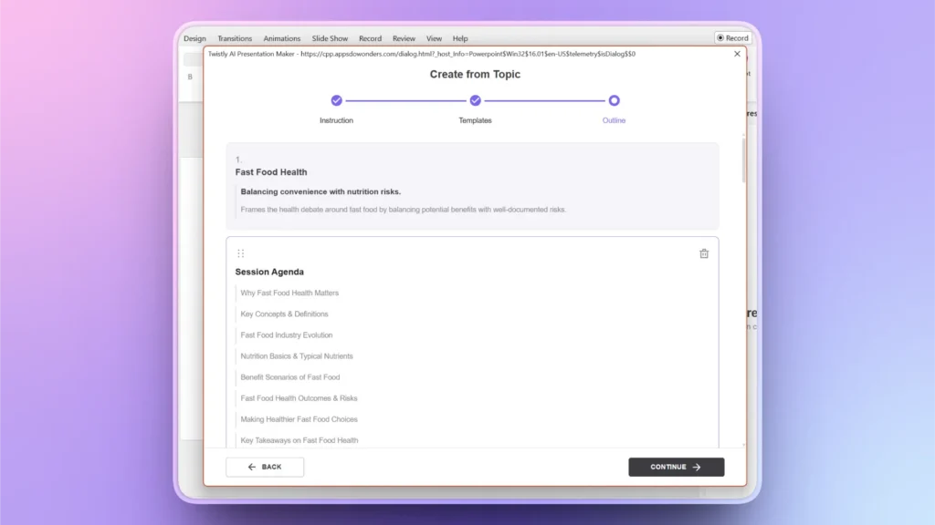 Screenshot of Twistly AI Presentation Maker interface displaying "Create from Topic" with a session agenda on Fast Food Health.