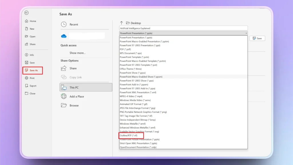 Save As window in PowerPoint with file format dropdown expanded, highlighting Outline/RTF option.