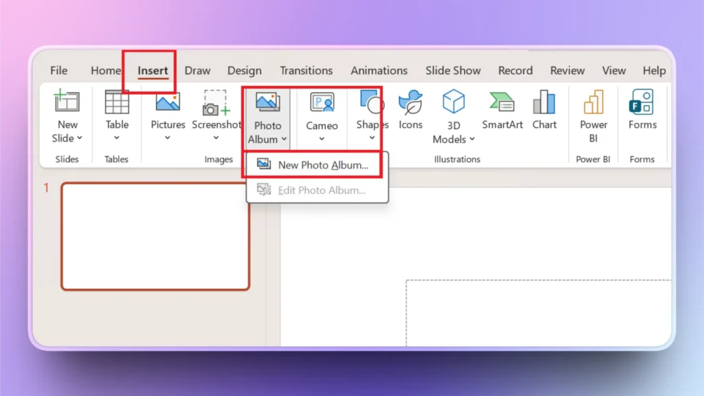 Screenshot of PowerPoint Insert tab with Photo Album and New Photo Album option highlighted.