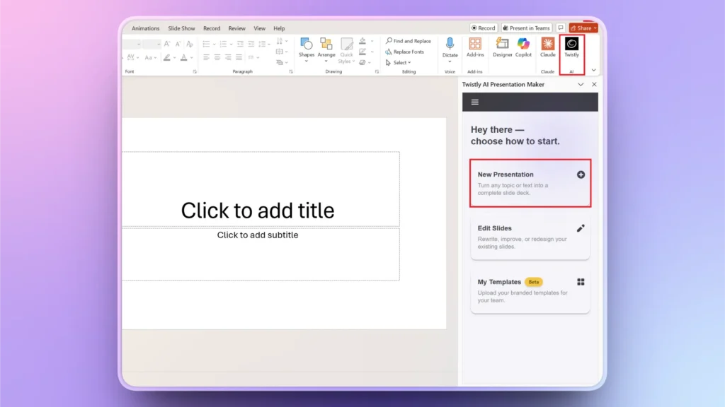 Screenshot of a PowerPoint slide with Twistly AI Presentation Maker sidebar on the right.