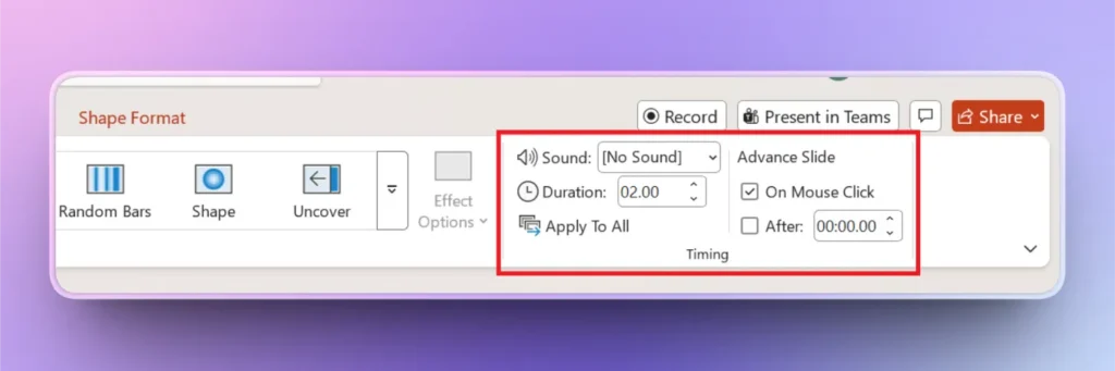Screenshot of PowerPoint Shape Format tab showing animation timing settings with sound, duration, and slide advance options.
