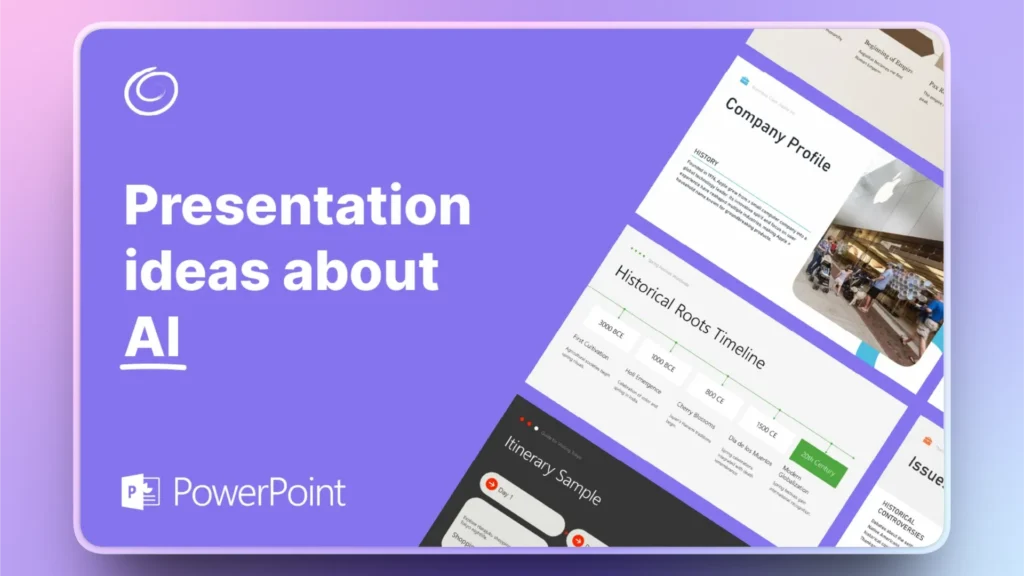 Purple slide with white text "Presentation ideas about AI" and partial PowerPoint presentation screenshots.