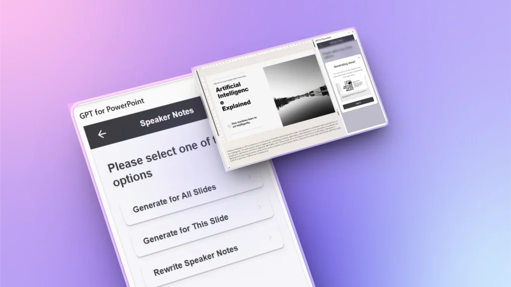 User interface of GPT for PowerPoint showing options for generating speaker notes and a slide titled "Artificial Intelligence Explained.