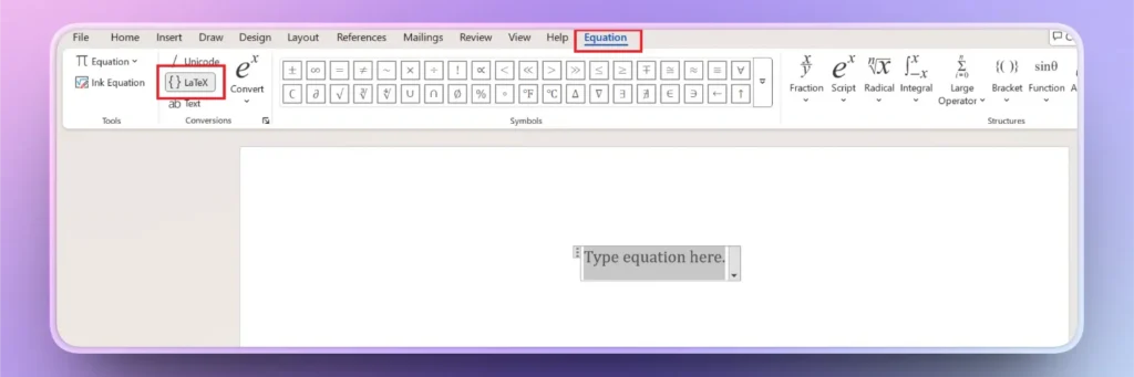 Screenshot of a software interface showing the Equation tab with LaTeX and mathematical symbols.