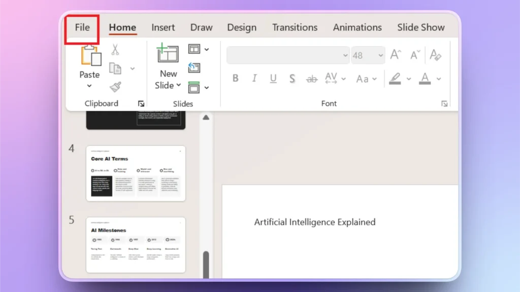 Screenshot of a presentation software interface with slides and toolbar, highlighting "File" and "Home" tabs.